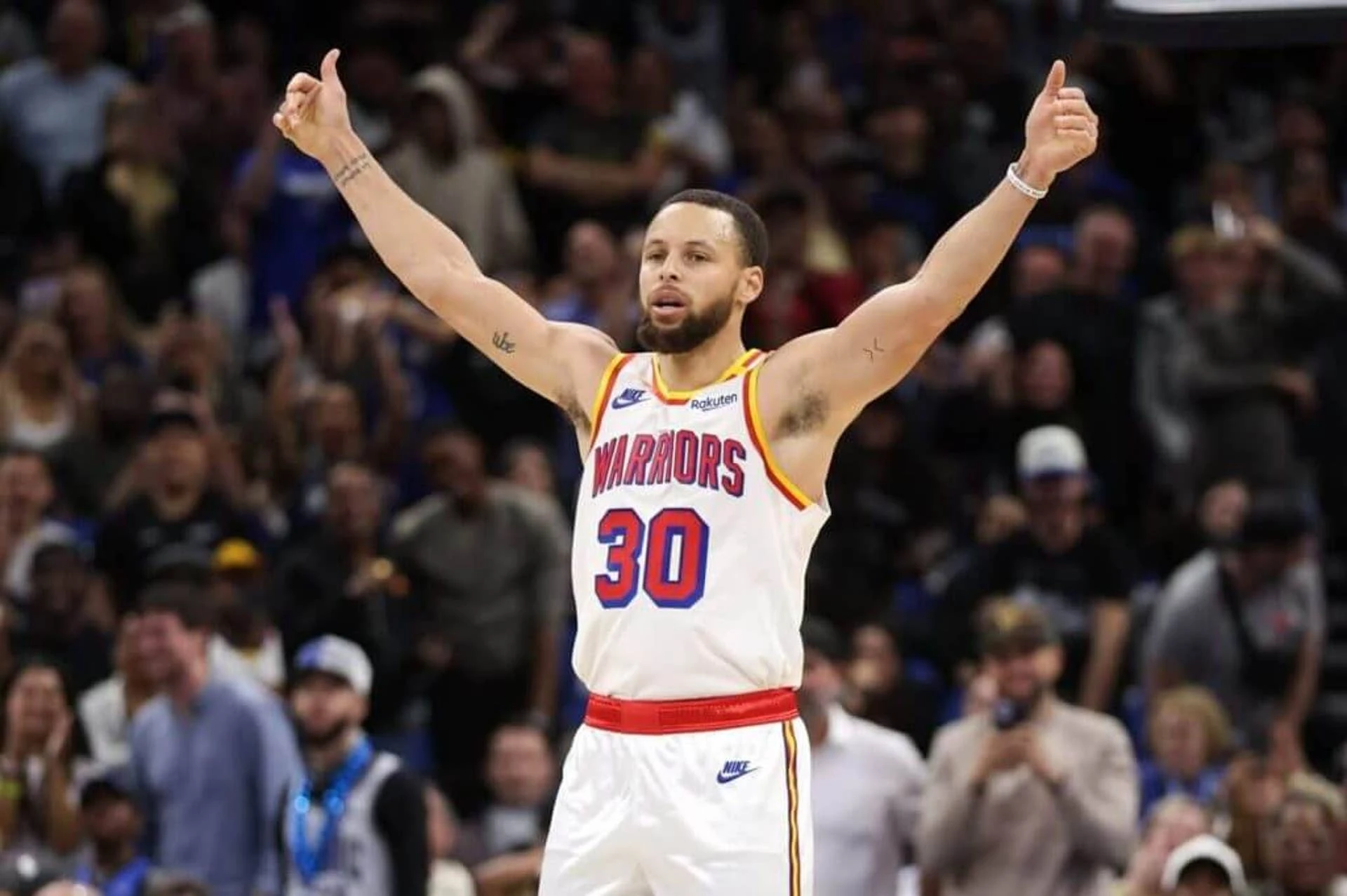 Feb 27, 2025; Orlando, Florida, USA; Golden State Warriors guard Stephen Curry (30) celebrates after a basket against the Orlando Magic in the fourth quarter at Kia Center. Mandatory Credit: Nathan Ray Seebeck-Imagn Images