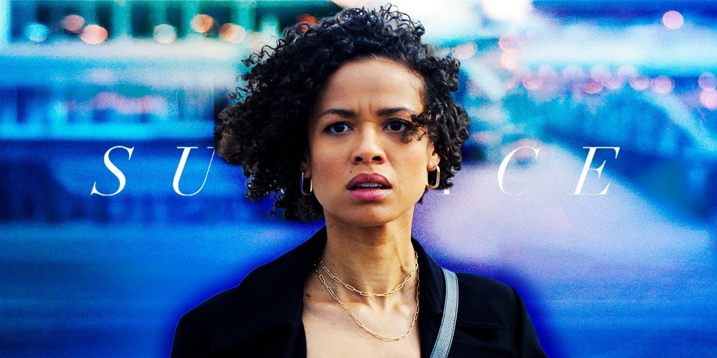 Sophie, played by Gugu Mbatha-Raw, wearing a black jacket looking worried with Surface TV show art