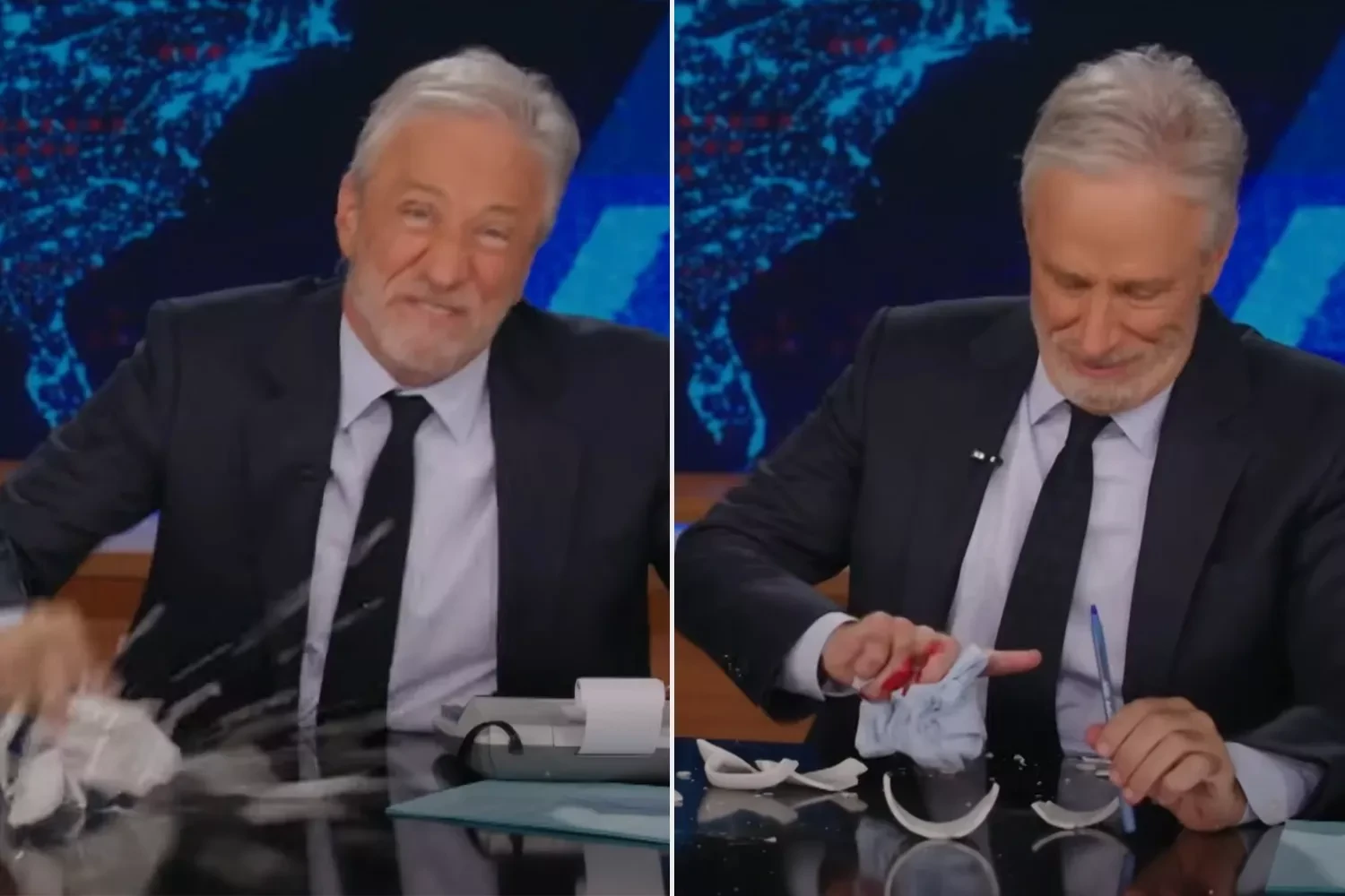 Jon Stewart cuts his hand on 'The Daily Show'