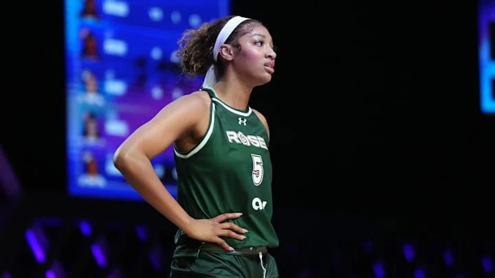 Jan 17, 2025; Miami, FL, USA; Angel Reese (5) of the Rose takes a moment against the Vinyl during a timeout in the first half of the Unrivaled women’s professional 3v3 basketball league at Wayfair Arena.