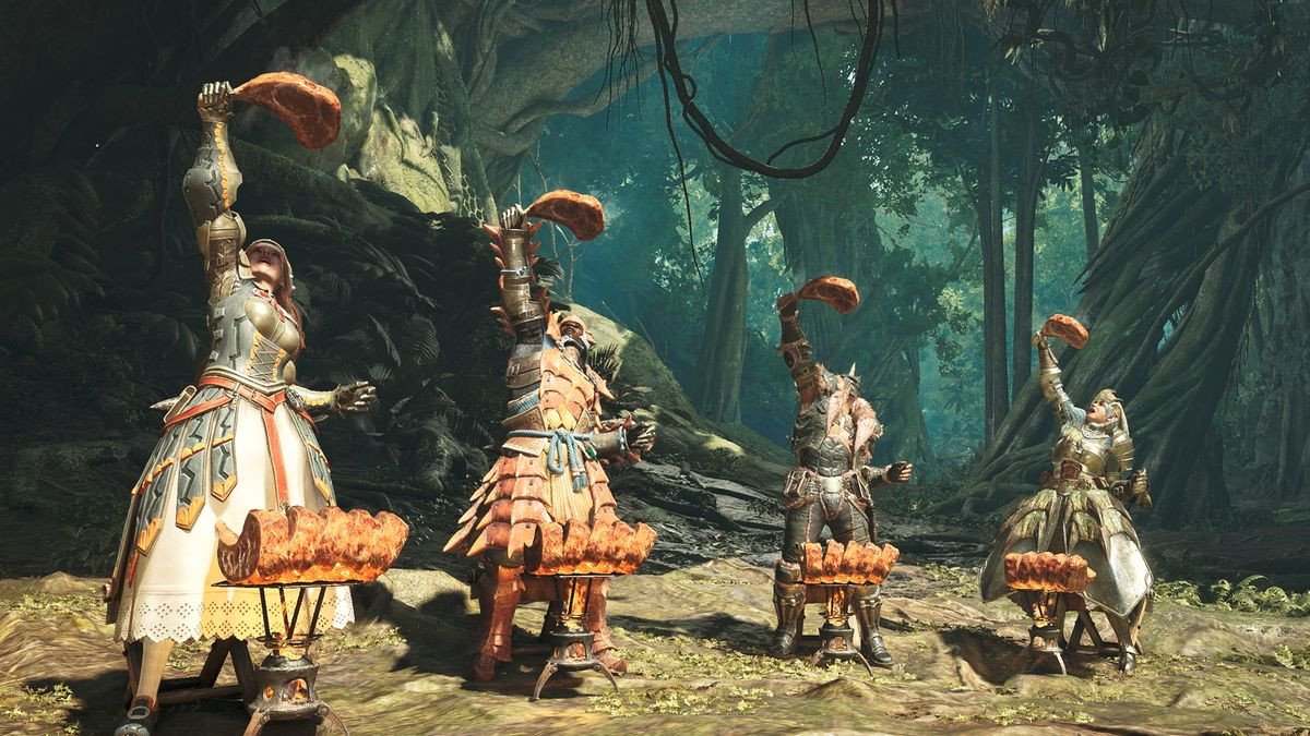 Promotional screenshot of players cooking meat in Monster Hunter Wilds