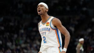 Oklahoma City Thunder guard Shai Gilgeous-Alexander (2) celebrates after making a three-point shot during the second half of an NBA basketball game against the Minnesota Timberwolves, Sunday, Feb. 23, 2025, in Minneapolis. (Abbie Parr/AP)