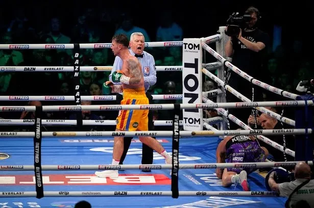 Photo shows Paddy Donovan being disqualified by the referee after a late punch to Lewis Crocker