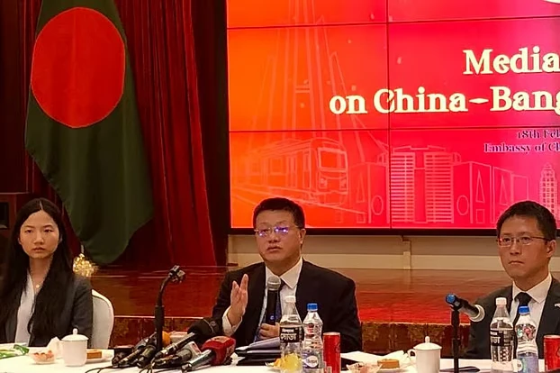 Yao Wen, the Chinese ambassador, speaks at a press briefing in Dhaka on 18 February, 2025.