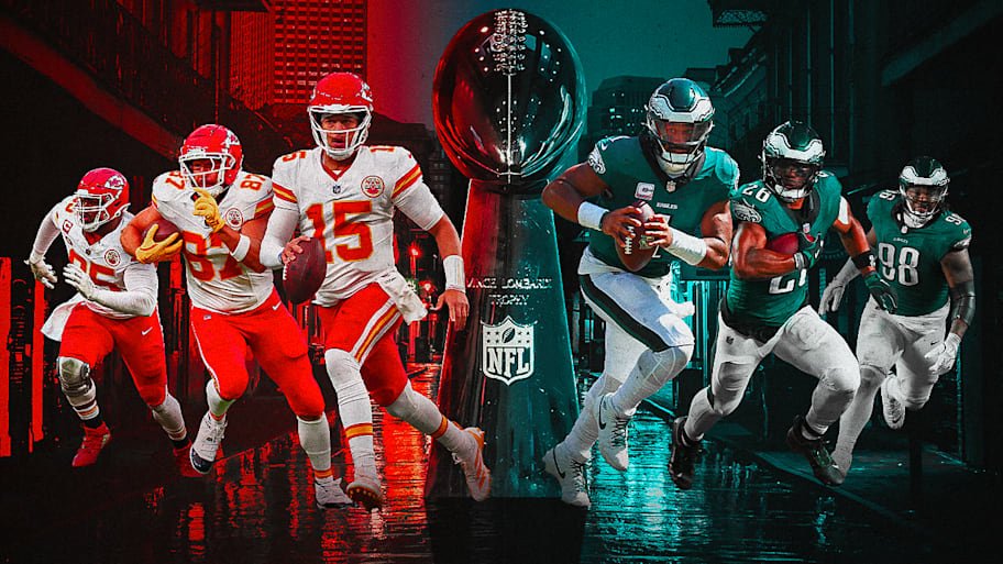 It’s a familiar matchup in Super Bowl LIX, but which side will come out on top this time around? | Christian Petersen/Getty Images (Mahomes); Brooke Sutton/Getty Images (Kelce); Perry Knotts/Getty Images (Jones); Nathan Ray Seebeck/USA Today Network (Hurts); Mitchell Leff/Getty Images (Barkley); Mitchell Leff/Getty Images (Carter); illustration by Bryce Wood.,