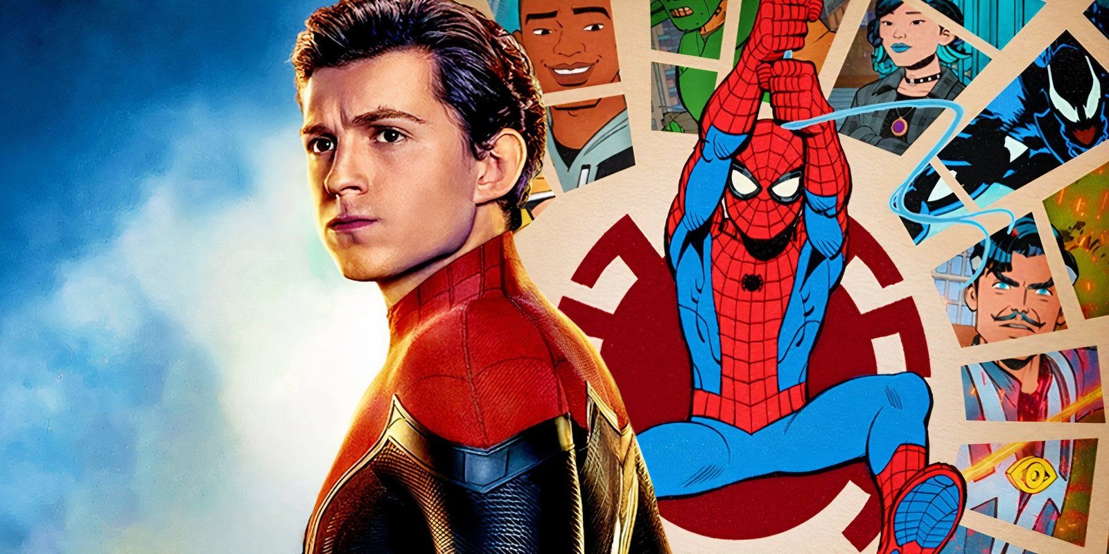 Tom Holland as Peter Parker in the poster for Spider-Man: Far From Home (2019) next to the poster for Your Friendly Neighborhood Spider-Man (2025)