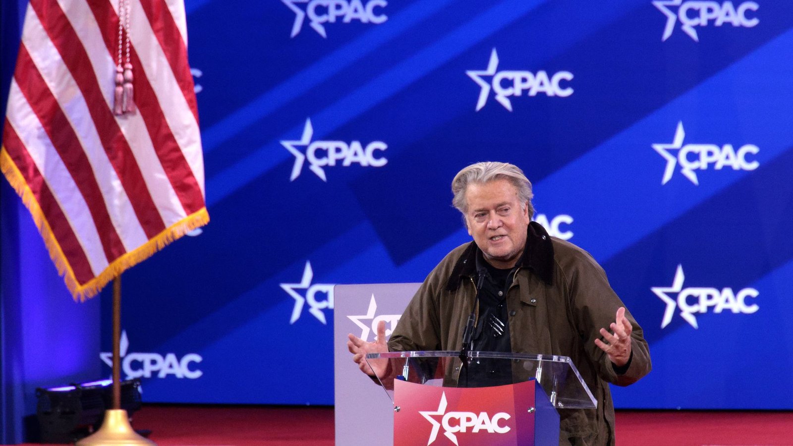 Steve Bannon, media personality and political strategist, speaks at the Conservative Political Action Conference (CPAC) at the Gaylord National Resort Hotel And Convention Center on February 20, 2025 in Oxon Hill, Maryland.