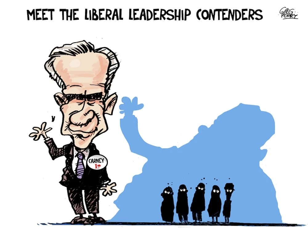 A cartoon shows a caricature of Mark Carney. He is standing and casts a shadow over several small black figures representing the other leadership candidates.