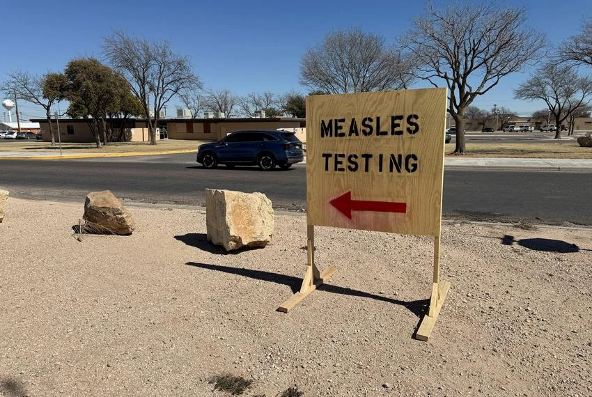 A measles testing sign in Seminole on Feb. 25, 2025. An outbreak in Gaines County has spread to other parts of the state.