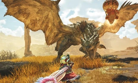 Fighting the dragon-like wyvern Rathian in Monster Hunter Wilds