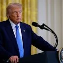 U.S. President Donald Trump listens to a reporter's question during a joint news conference with French President Emmanuel Macron in the East Room of the White House on February 24, 2025 in Washington, DC.