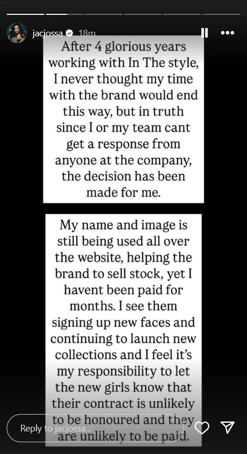 Instagram post detailing Jacqueline Jossa's dispute with In The Style over unpaid fees.