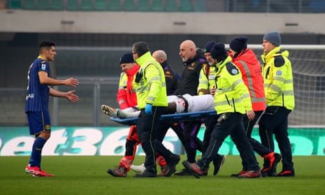 Fiorentina's Moise Kean is carried off the pitch after collapsing in the match against Hellas Verona.