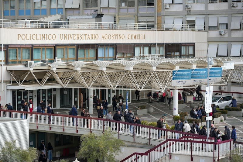 A view of the main entrance of the Agostino Gemelli Polyclinic, in Rome, Monday, Feb. 17, 2025, where Pope Francis has been hospitalized to undergo some necessary diagnostic tests and to continue his ongoing treatment for bronchitis.