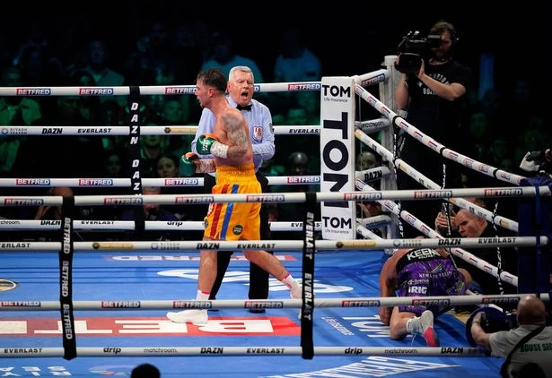 Photo shows Paddy Donovan being disqualified by the referee after a late punch to Lewis Crocker