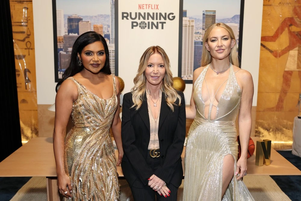 LOS ANGELES, CALIFORNIA - FEBRUARY 13: (L-R) Mindy Kaling, Jeanie Buss and Kate Hudson attend Netflix's "Running Point" LA Premiere at The Egyptian Theatre Hollywood on February 13, 2025 in Los Angeles, California.  (Photo by Matt Winkelmeyer/Getty Images for Netflix)