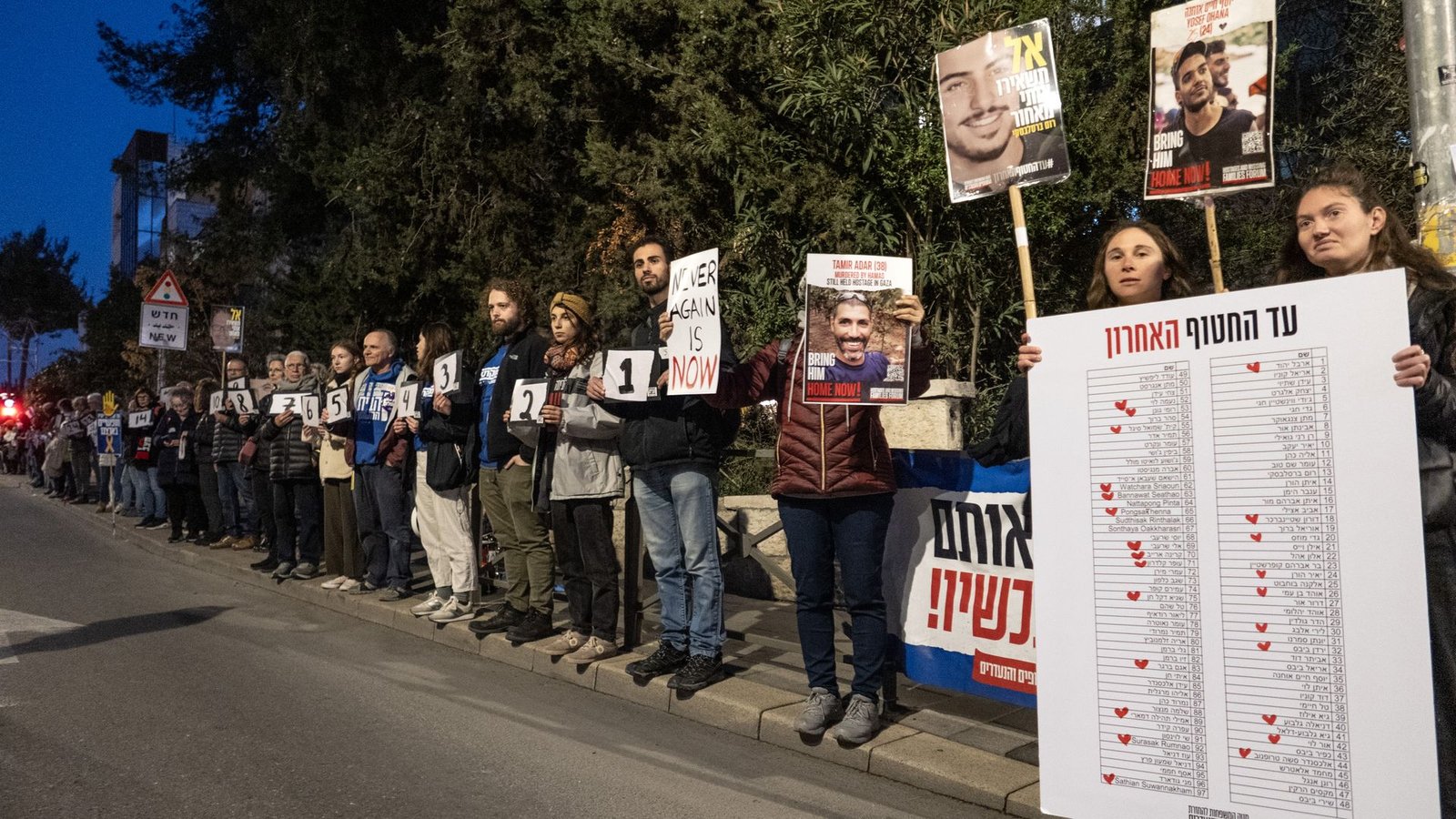 Hundreds of Israelis gather to demonstrate demanding the continuation of the swap deal between Hamas and Israel and the return of Israeli hostages from Gaza in West Jerusalem on February 17, 2025.