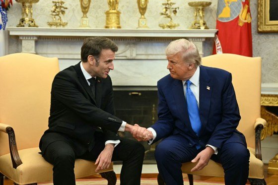 President Donald Trump meets with French President Emmanuel Macron in the Oval Office on Feb. 24, 2025.