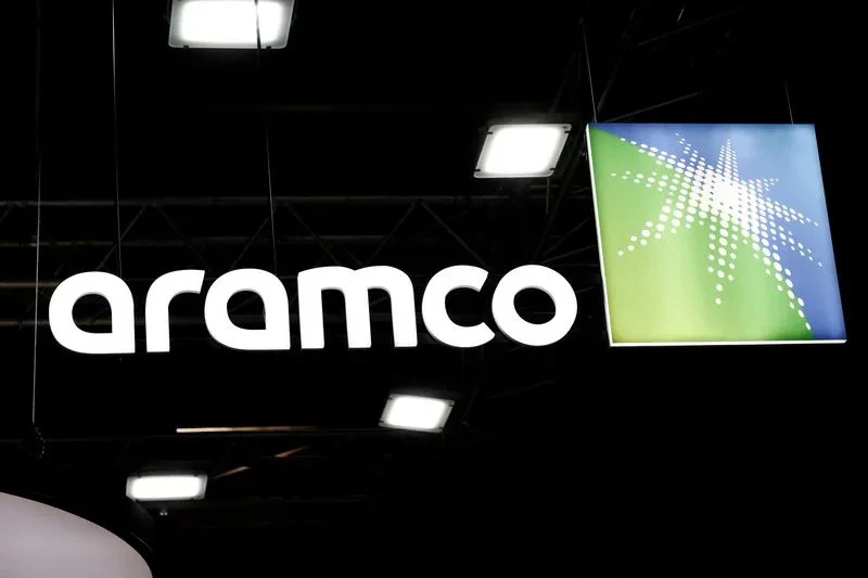 FILE PHOTO: Aramco logo, a symbol of Saudi Arabia's oil giant, as it explores a potential bid for BP's Castrol unit, according to Reuters, with photo credits to Reuters.