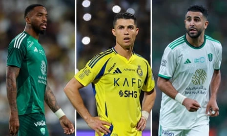 Al-Ahli’s Ivan Toney and Riyadh Mahrez, with Al-Nassr’s Cristiano Ronaldo.