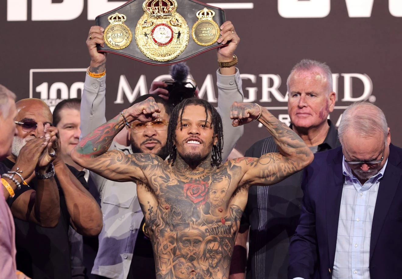 WBA lightweight champion Gervonta Davis poses on the scale during an official weigh-in at MGM Grand Garden Arena on June 14, 2024 in Las Vegas, Nevada.