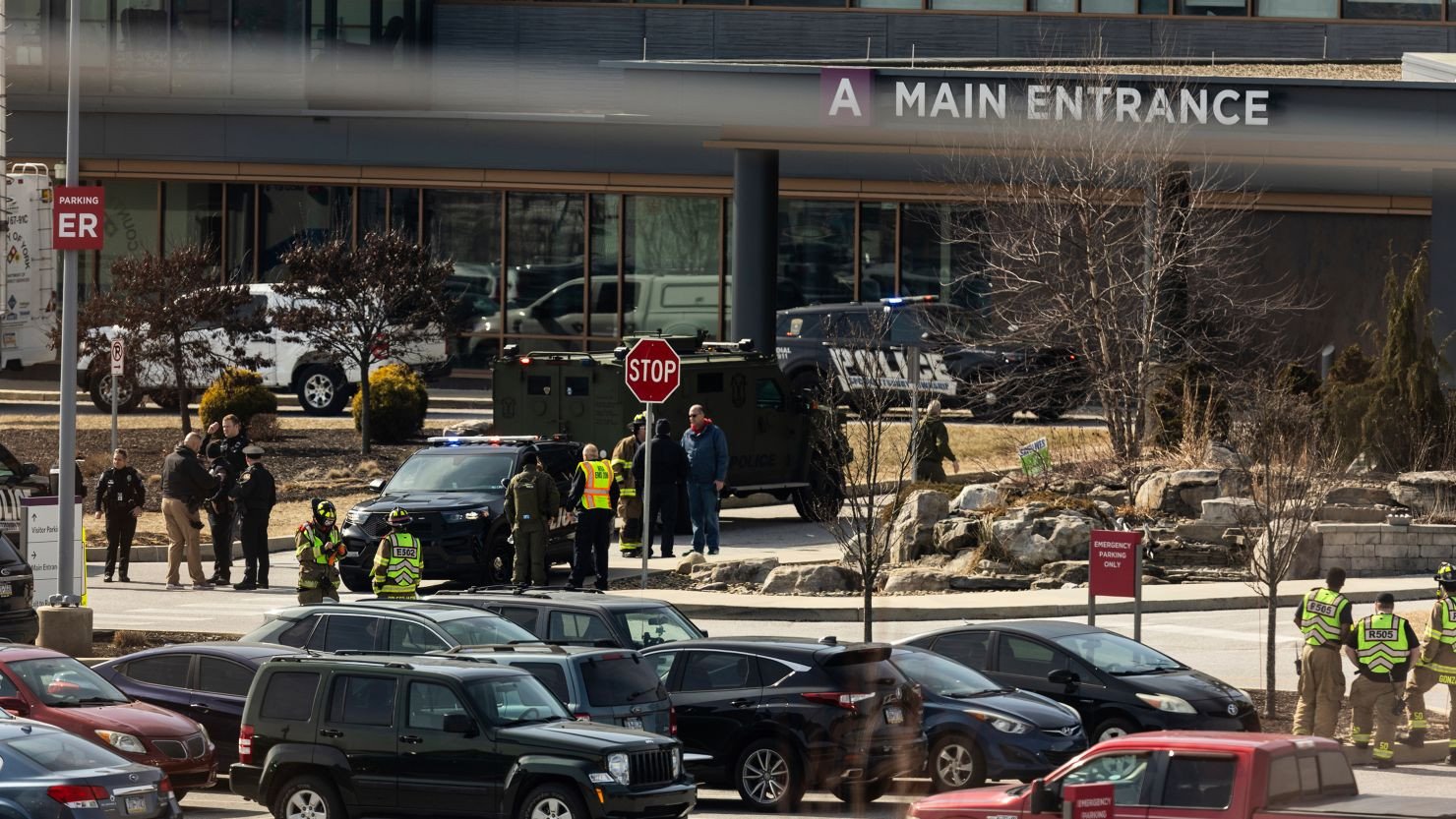 Law enforcement officers respond to the scene of a shooting at UPMC Memorial Hospital in York, Pennsylvania on Saturday, Feb. 22, 2025.