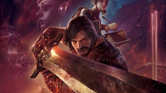 Blades of Fire artwork showing bearded hero pointing giant sword