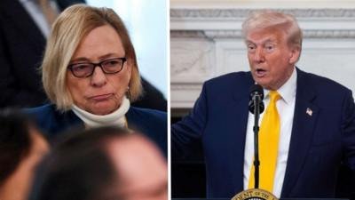 Maine Governor Janet Mills sits as US President Donald Trump hosts a business session with U.S. governors