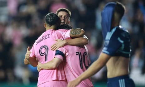 Inter Miami’s Luis Suárez, Lionel Messi and Tadeo Allende celebrate after a goal during the first half of Tuesday’s Concacaf Champions Cup second leg win over Sporting Kansas City at Chase Stadium in Fort Lauderdale, Florida.