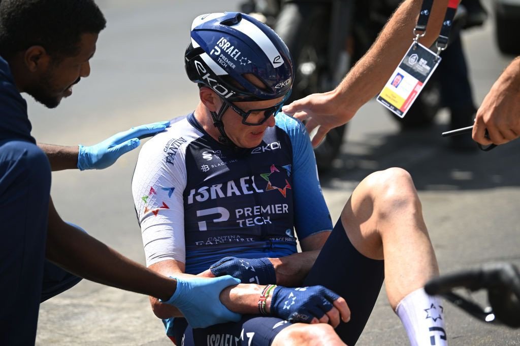 Chris Froome (Israel-Premier Tech) involved in a crash during stage 7 at the UAE Tour