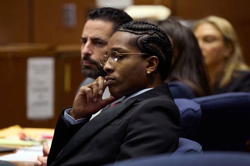 Rakim Mayers, also known as A$AP Rocky, listens during closing arguments during his trial for felony assault at Clara Shortridge Foltz Criminal Justice Center on February 13, 2025 in Los Angeles, California.