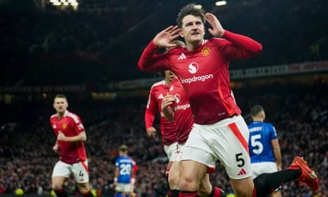 Harry Maguire celebrates after putting Manchester United in front early in the second half.