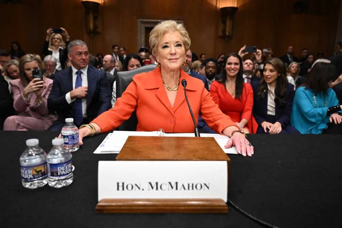 Linda McMahon, pictured here at her Senate confirmation hearing in February, previously led the U.S. Small Business Administration and World Wrestling Entertainment (WWE).