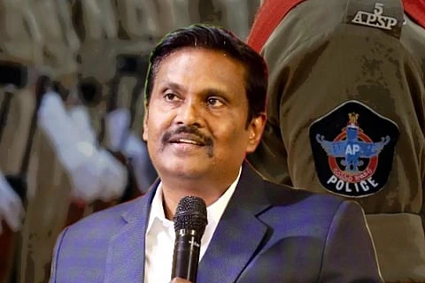 The image features IPS officer PV Sunil Kumar in a suit speaking into a microphone, with a background showing Andhra Pradesh police personnel.