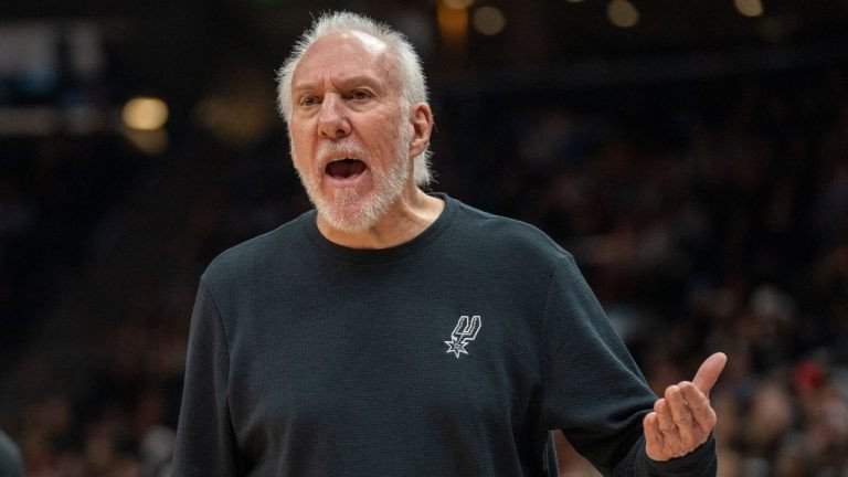 San Antonio Spurs head coach Gregg Popovich reacts after a call by the official, during the second half of an NBA basketball game, Thursday, Oct. 31, 2024, in Salt Lake City.