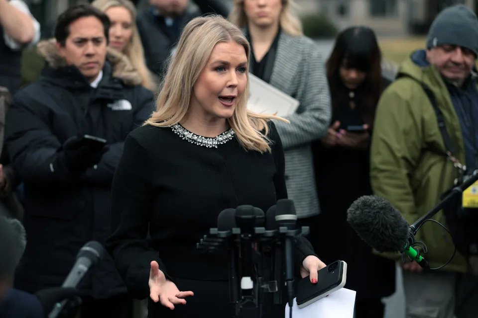 WASHINGTON, DC - FEBRUARY 06: White House Press Secretary Karoline Leavitt speaks to members of the press outside the West Wing of the White House on February 6, 2025 in Washington, DC. Leavitt discussed various topics including campaign promises that President Donald Trump has made to American people.  (Photo by Alex Wong/Getty Images)