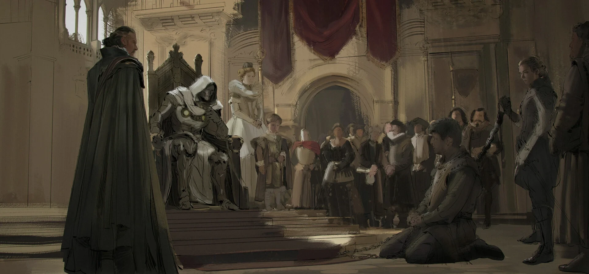 In a medieval hall, with observers in period attire, a kneeling figure bows before a seated person on a throne. The scene evokes the grandeur of leaked concept art from an upcoming film.