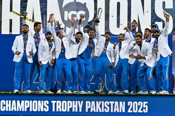 India team celebrate their third ICC Champions Trophy triumph, with captain Rohit Sharma and teammates ecstatic after a thrilling win over New Zealand in the 2025 final - Photo by ICC/Getty Images