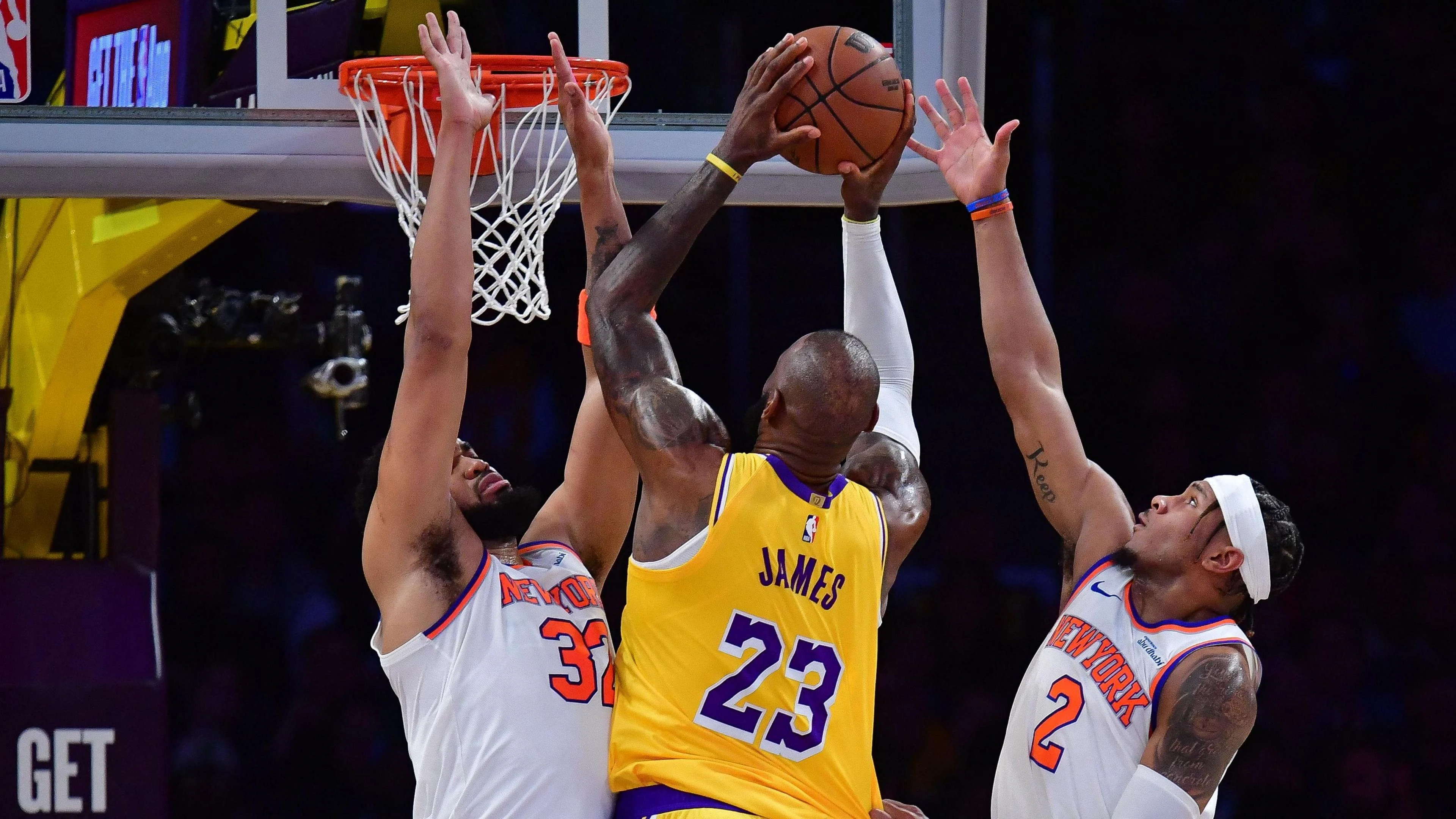 LeBron James scores a basket against the New York Knicks