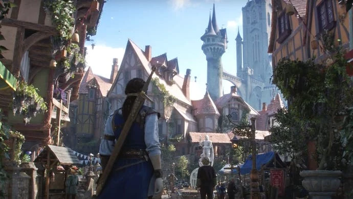 An image from Xbox's Fable reboot showing a player walking along a medieval street, with the towering spire of a castle looming in the distance.