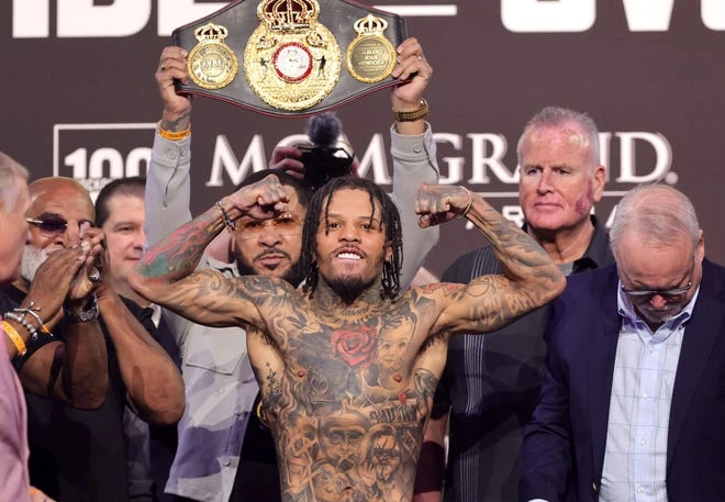 WBA lightweight champion Gervonta Davis poses on the scale during an official weigh-in at MGM Grand Garden Arena on June 14, 2024 in Las Vegas, Nevada.