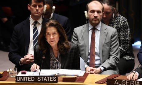 The US deputy ambassador to the UN, Dorothy Shea, speaks at a desk while sitting behind a 'United States' sign