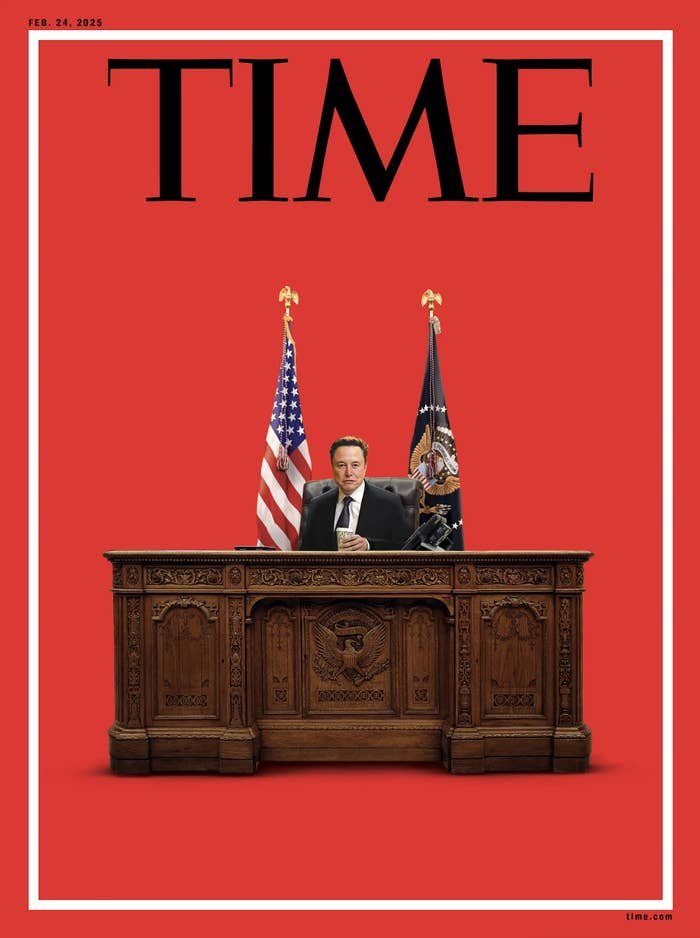 Magazine cover showing Musk behind a presidential desk with U.S. flags, framed by the "TIME" title above,