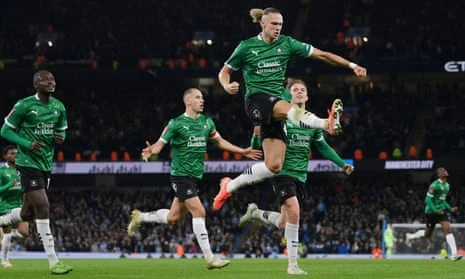 Maxi Talovierov jumps for joy after giving Plymouth a shock lead.