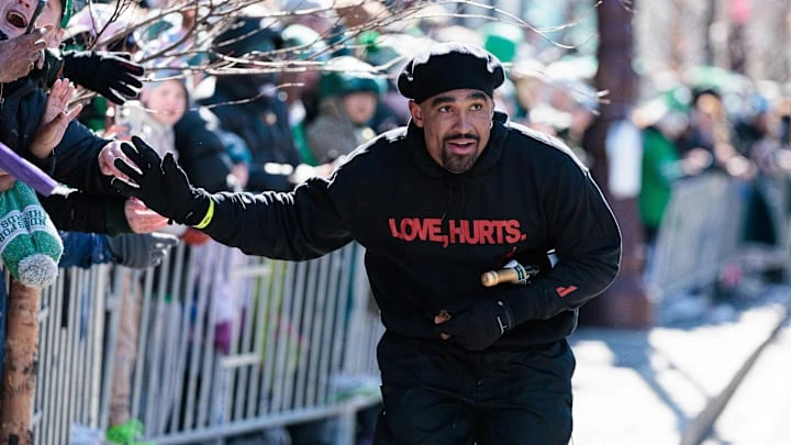 Feb 14, 2025; Philadelphia, PA, USA; Philadelphia Eagles quarterback Jalen Hurts (1) celebrates during the Super Bowl LIX championship parade and rally. Mandatory Credit: Caean Couto-Imagn Images