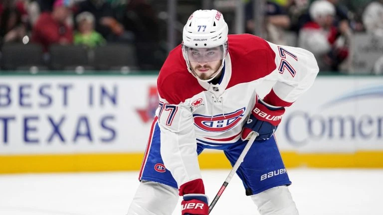 Montreal Canadiens centre Kirby Dach watches a face off against the Dallas Stars during an NHL hockey game in Dallas, Thursday, Jan. 16, 2025. (Tony Gutierrez/AP)