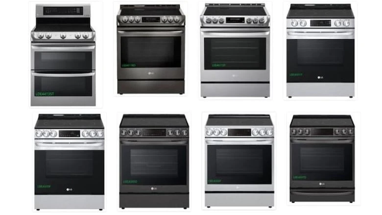 Eight stoves are shown, four in a row on top and four in a row on bottom. They are shown floating on a white background.