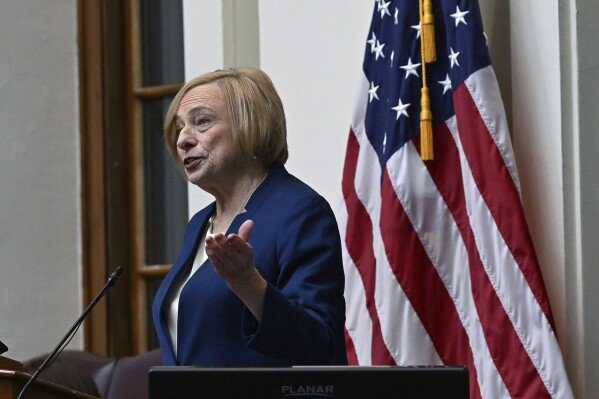 Gov. Janet Mills gives the State of the Budget address at the State House in Augusta, Maine, Tuesday, Jan. 28, 2025. (Shawn Patrick Ouellette/Portland Press Herald via AP)