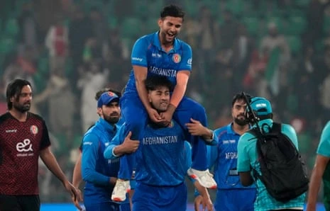 Azmatullah Omarzai is hoisted up after helping Afghanistan to secure a thrilling win against England