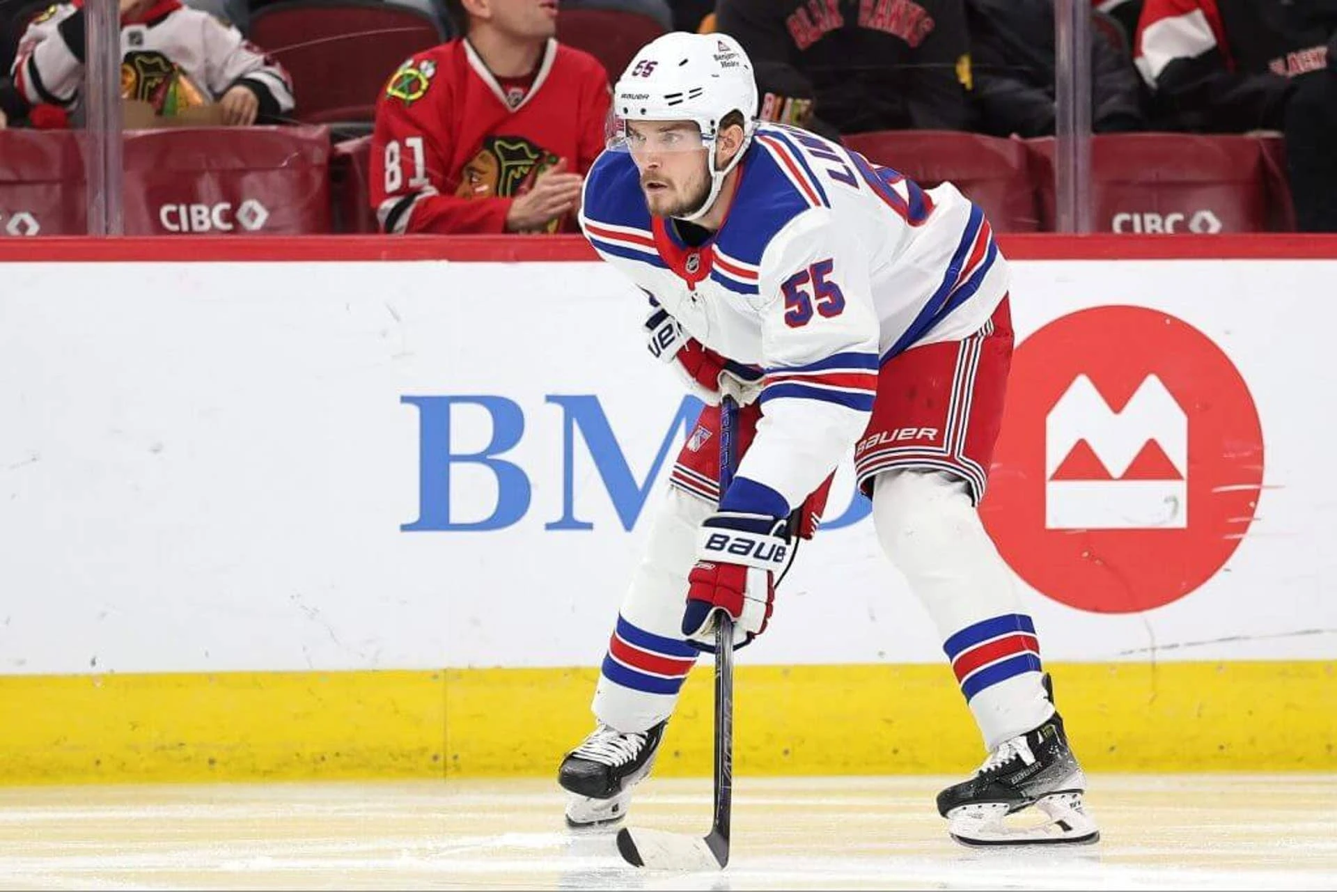 CHICAGO, ILLINOIS - JANUARY 05: Ryan Lindgren #55 of the New York Rangers looks on against the Chicago Blackhawks during the second period at the United Center on January 05, 2025 in Chicago, Illinois. (Photo by Michael Reaves/Getty Images)